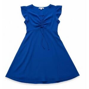 Blue Short Sleeve Dress with Ruffle Sleeves and Tie Waist